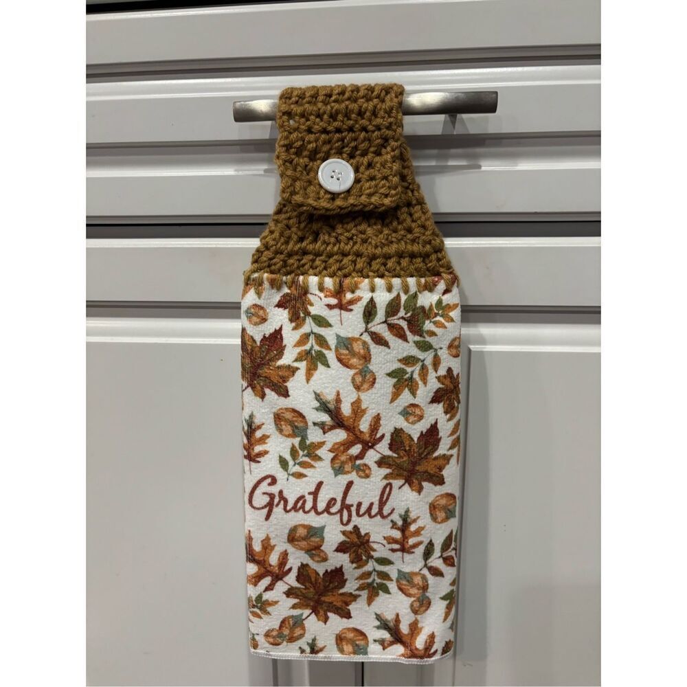 Crochet Top Kitchen Towels-Grateful Fall leaves